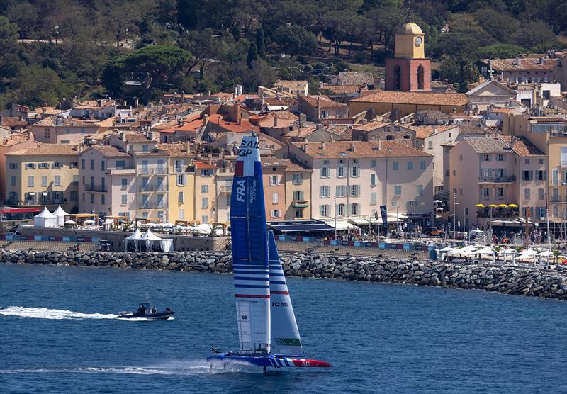 France SailGP Team helmed by Quentin Delapierre sail past the bell tower and old town of Saint-Tropez during a practice session ahead of the France Sail Grand Prix in Saint-Tropez, France. 8th September photo copyright Felix Diemer for SailGP taken at Société Nautique de Saint-Tropez and featuring the F50 class