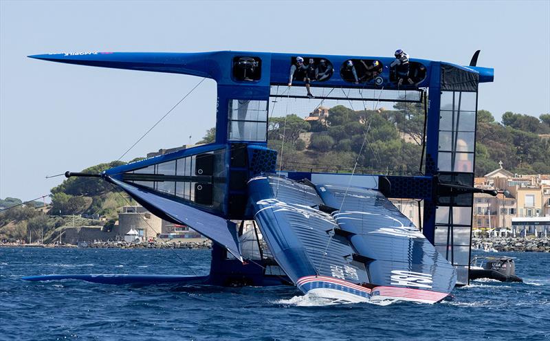 USA SailGP Team helmed by Jimmy Spithill capsizes during a practice session ahead of the France Sail Grand Prix in Saint-Tropez, France. 8th September photo copyright Ian Walton for SailGP taken at Société Nautique de Saint-Tropez and featuring the F50 class