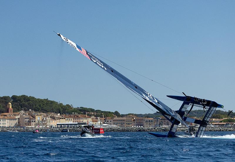 USA SailGP Team helmed by Jimmy Spithill is lifted upright after a capsize during practice ahead of the France Sail Grand Prix in Saint-Tropez, France photo copyright Ian Walton for SailGP taken at Société Nautique de Saint-Tropez and featuring the F50 class