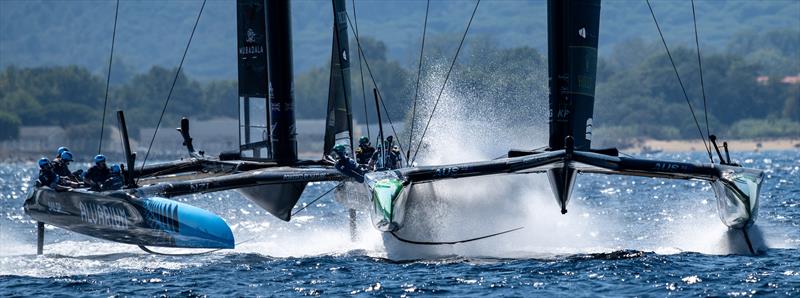 Close sailing between Australia SailGP Team and New Zealand SailGP Team during a practice session ahead of the France Sail Grand Prix in Saint-Tropez, Sept 8, 2023 photo copyright Ricardo Pinto/SailGP taken at Société Nautique de Saint-Tropez and featuring the F50 class