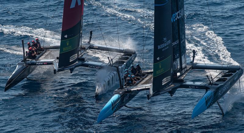 ROCKWOOL Denmark SailGP Team helmed by Nicolai Sehested and New Zealand SailGP Team helmed by Peter Burling in action on Race Day 1 of the France Sail Grand Prix in Saint-Tropez, France photo copyright Ricardo Pinto for SailGP taken at  and featuring the F50 class