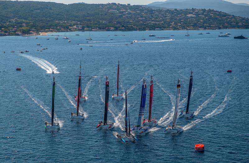An aerial view of the SailGP fleet in action on Race Day 1 of the France Sail Grand Prix in Saint-Tropez, France photo copyright Ricardo Pinto for SailGP taken at  and featuring the F50 class