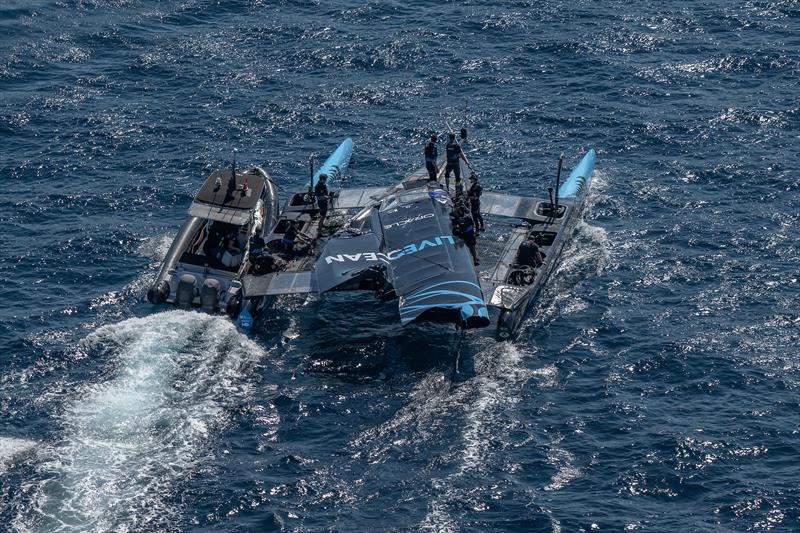 An aerial view of the damaged New Zealand SailGP Team F50 catamaran after racing on Race Day 1 of the France Sail Grand Prix in Saint-Tropez, France photo copyright Ricardo Pinto for SailGP taken at  and featuring the F50 class