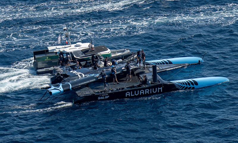 An aerial view of the damaged New Zealand SailGP Team F50 catamaran after racing on Race Day 1 of the France Sail Grand Prix in Saint-Tropez, France. Sept 9, 2023 photo copyright Ricardo Pinto/SailGP taken at  and featuring the F50 class