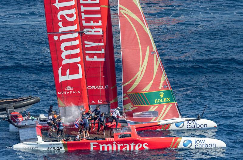 Emirates Great Britain SailGP Team helmed by Ben Ainslie sprays Barons De Rothschild Champagne as they celebrate on board their F50 catamaran after winning France Sail Grand Prix in Saint-Tropez, France photo copyright Ian Walton for SailGP taken at  and featuring the F50 class