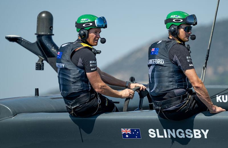 Australia SailGP Team helmed by Tom Slingsby at the wheel with Kyle Langford, wing trimmer of Australia SailGP Team, on Race Day 2 of the France Sail Grand Prix in Saint-Tropez, France photo copyright Ricardo Pinto for SailGP taken at  and featuring the F50 class