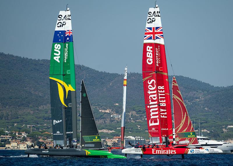 Emirates Great Britain SailGP Team helmed by Ben Ainslie lead Australia SailGP Team helmed by Tom Slingsby and Spain SailGP Team helmed by Diego Botin on Race Day 2 of the France Sail Grand Prix in Saint-Tropez, France photo copyright Ricardo Pinto for SailGP taken at  and featuring the F50 class