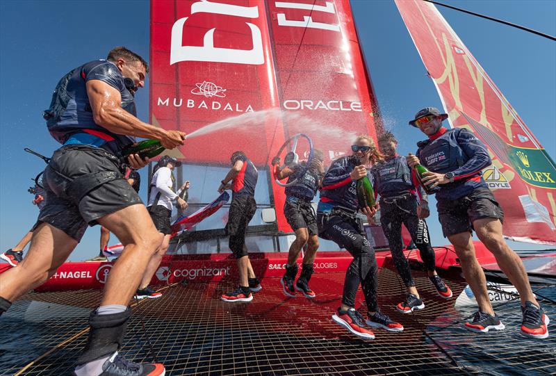 Neil Hunter, grinder of Emirates Great Britain SailGP Team, sprays Barons De Rothschild Champagne on his team-mates while they celebrate winning the France Sail Grand Prix in Saint-Tropez, France photo copyright Ricardo Pinto for SailGP taken at  and featuring the F50 class