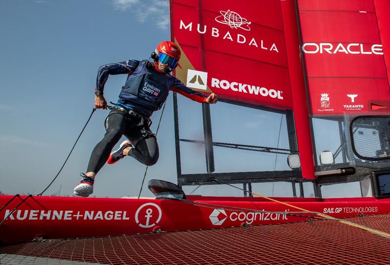Ben Ainslie, driver of Emirates Great Britain SailGP Team, runs across the boat as Emirates Great Britain SailGP Team take part in a practice session ahead of the ROCKWOOL Italy Sail Grand Prix in Taranto, Italy - photo © Ricardo Pinto for SailGP