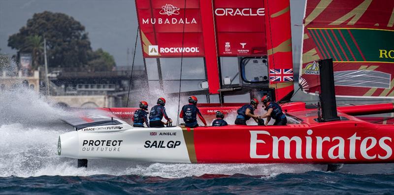 Emirates Great Britain SailGP Team helmed by Ben Ainslie in action on Race Day 1 of the ROCKWOOL Italy Sail Grand Prix in Taranto, Italy photo copyright Bob Martin for SailGP taken at  and featuring the F50 class