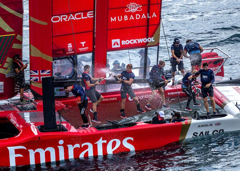 Emirates Great Britain SailGP Team spray Barons De Rothschild Champagne as they celebrate winning the ROCKWOOL Italy Sail Grand Prix in Taranto, Italy photo copyright Felix Diemer for SailGP taken at  and featuring the F50 class