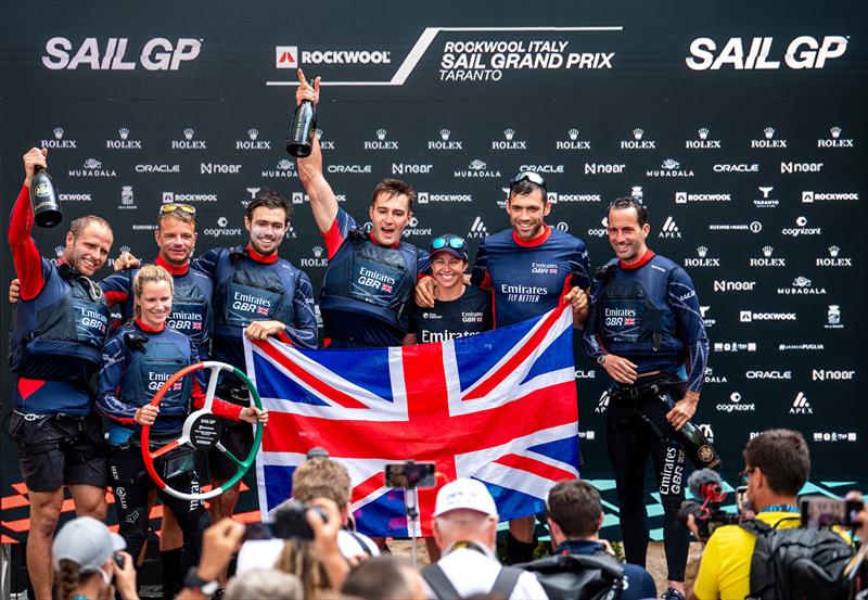 The Emirates Great Britain SailGP Team celebrate in the Adrenaline Lounge in Castello Aragonese after Emirates Great Britain SailGP Team win the ROCKWOOL Italy Sail Grand Prix in Taranto, Italy photo copyright Ricardo Pinto for SailGP taken at  and featuring the F50 class