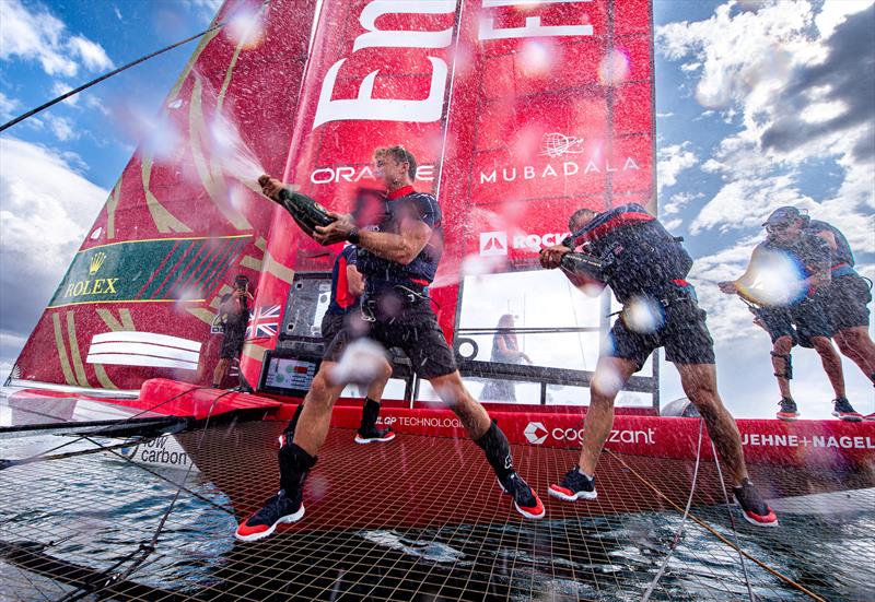 Nick Hutton, grinder of Emirates Great Britain SailGP Team, sprays Barons De Rothschild Champagne as the Emirates Great Britain SailGP Team celebrate winning the ROCKWOOL Italy Sail Grand Prix in Taranto, Italy - photo © Ricardo Pinto for SailGP