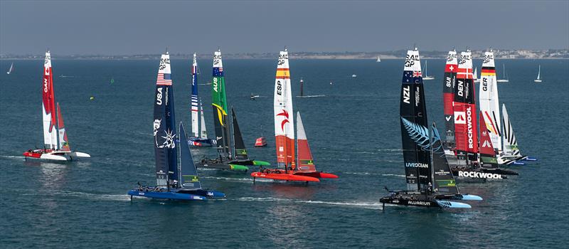 The fleet led by New Zealand SailGP Team, Germany SailGP Team, ROCKWOOL Denmark SailGP Team and Switzerland SailGP Team in action during a practice session ahead of the Spain Sail Grand Prix in Cadiz, Spain - photo © Ricardo Pinto for SailGP