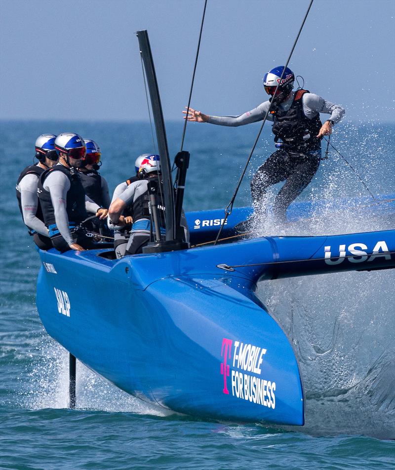 Taylor Canfield, flight controller of USA SailGP Team, runs across the boat as USA SailGP Team take part in a practice session ahead of the Spain Sail Grand Prix in Cadiz, Spain - photo © Felix Diemer for SailGP