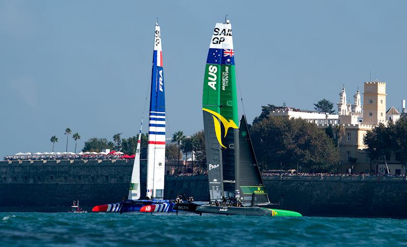 Australia SailGP Team helmed by Tom Slingsby and France SailGP Team helmed by Quentin Delapierre on Race Day 1 of the Spain Sail Grand Prix in Cadiz, Spain - photo © Ricardo Pinto for SailGP