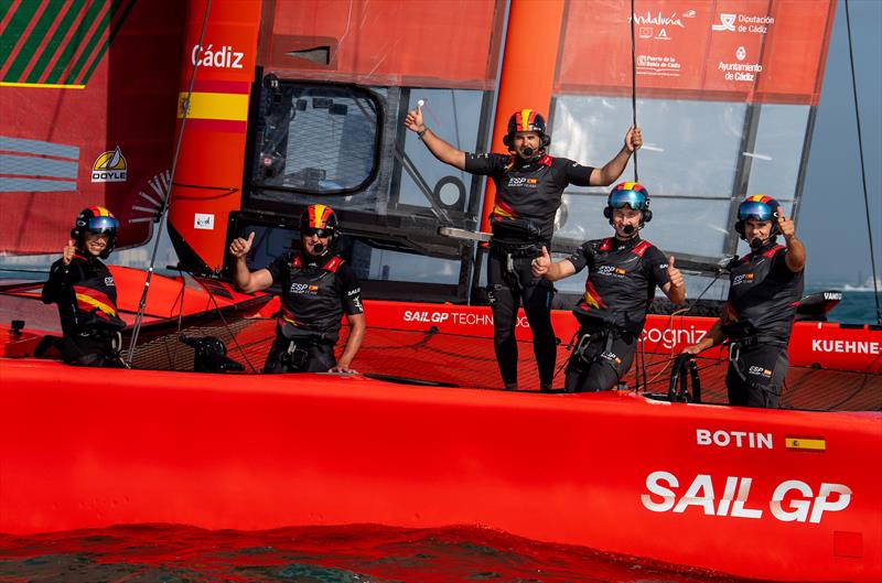 Nicole van der Velden, strategist, Joan Cardona, tactician and grinder, Joel Rodriguez, flight controller, Florian Trittel, wing trimmer and Diego Botin, driver of Spain SailGP Team, celebrate winning the first race of the Spain Sail Grand Prix photo copyright Ricardo Pinto for SailGP taken at  and featuring the F50 class