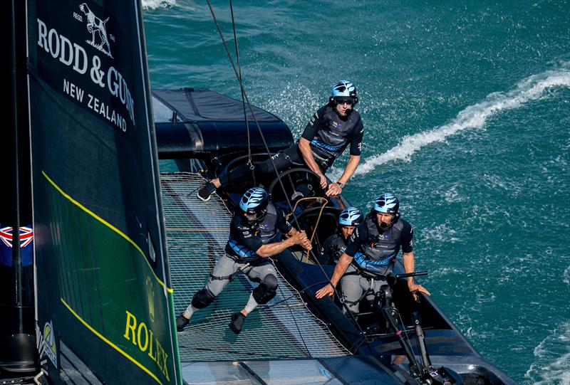 Marcus Hansen, grinder of New Zealand SailGP Team, and Peter Burling, Co-CEO and driver of New Zealand SailGP Team, prepare to run across the boat during a practice session ahead of the Spain Sail Grand Prix in Cadiz, Spain. October 13, 2023 photo copyright Ricardo Pinto/SailGP taken at Real Club Náutico de Cádiz and featuring the F50 class