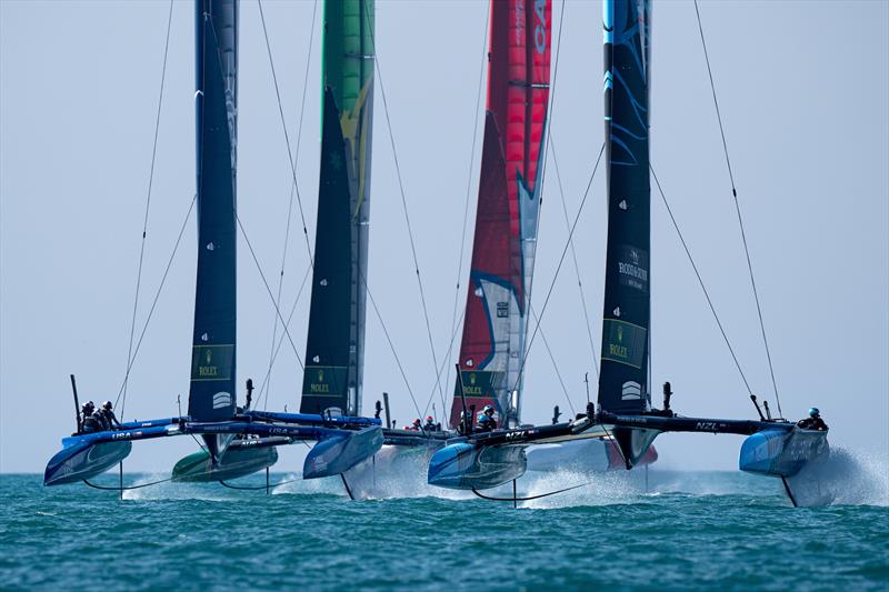 USA SailGP Team alongside New Zealand SailGP Teamahead of Canada SailGP Team and Australia SailGP Team during a practice session ahead of the Spain Sail Grand Prix in Cadiz, Spain. October 13, 2023 - photo © Bob Martin/SailGP