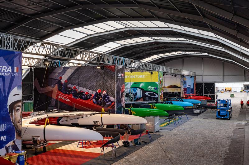 View of the Canada SailGP Team, Australia SailGP Team and New Zealand SailGP Team areas inside the technical area ahead of the Spain Sail Grand Prix in Cadiz, Spain. 12th October  photo copyright Felix Diemer/SailGP taken at Real Club Náutico de Cádiz and featuring the F50 class