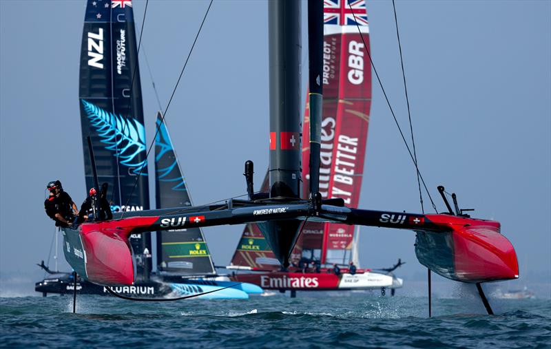 Switzerland SailGP Team helmed by Sebastien Schneiter lead over Emirates Great Britain SailGP Team and New Zealand SailGP Team on Race Day 1 of the Spain Sail Grand Prix in Cadiz, Spain.  October 14, 2023  - photo © Felix Diemer/SailGP