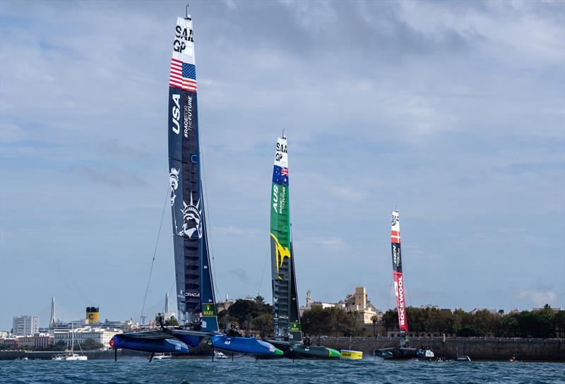 USA SailGP Team helmed by Jimmy Spithill lead Australia SailGP Team helmed by Tom Slingsby and ROCKWOOL Denmark SailGP Team helmed by Nicolai Sehested on Race Day 2 of the Spain Sail Grand Prix in Cadiz, Spain photo copyright Bob Martin for SailGP taken at  and featuring the F50 class