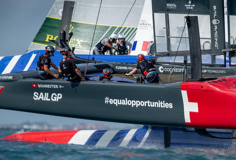 Switzerland SailGP Team helmed by Sebastien Schneiter sail closely past France SailGP Team helmed by Quentin Delapierre on Race Day 2 of the Spain Sail Grand Prix in Cadiz, Spain - photo © Ricardo Pinto for SailGP