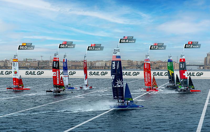 Switzerland SailGP Team helmed by Sebastien Schneiter lead the SailGP Fleet on Race Day 1 of the ROCKWOOL Italy Sail Grand Prix in Taranto, Italy - photo © Ricardo Pinto for SailGP