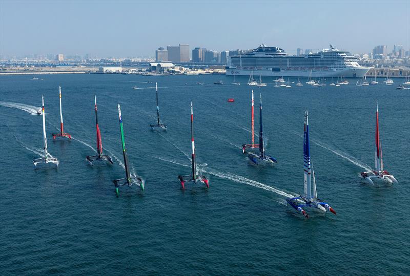 The fleet in action on Race Day 1 of the Emirates Sail Grand Prix presented by P&O Marinas in Dubai, United Arab Emirates. 9th December photo copyright Felix Diemer taken at Dubai Offshore Sailing Club and featuring the F50 class