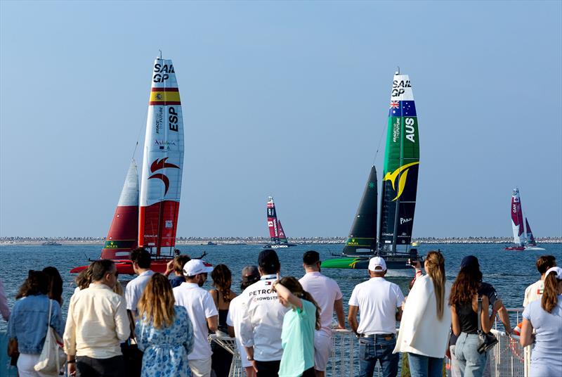 Spain SailGP Team helmed by Diego Botin leads Australia SailGP Team helmed by interim driver Jimmy Spithill on Race Day 1 of the Emirates Sail Grand Prix presented by P&O Marinas in Dubai, United Arab Emirates. 9th December photo copyright Kieran Cleeves taken at Dubai Offshore Sailing Club and featuring the F50 class