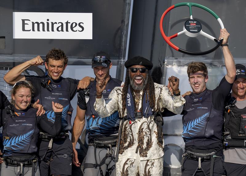 Ex-West Indian Cricketer Chris Gayle presents the Winners Trophy to Peter Burling, Co-CEO and driver of New Zealand SailGP Team after winning the Emirates Sail Grand Prix - photo © Bob Martin/SailGP