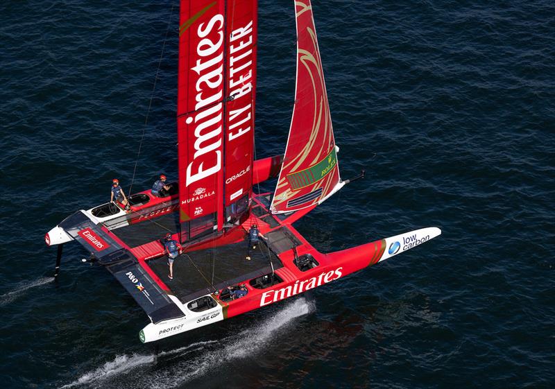 Aerial view of Emirates Great Britain SailGP Team helmed by Ben Ainslie in action on Race Day 2 of the Emirates Sail Grand Prix presented by P&O Marinas in Dubai, United Arab Emirates - photo © Felix Diemer for SailGP