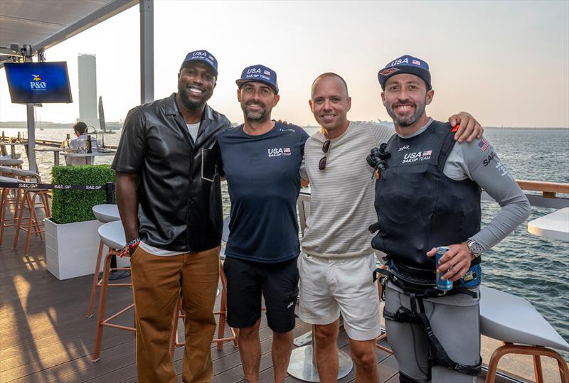 USA SailGP Team investor and American soccer player Jozy Altidore, Mike Buckley, CEO of USA SailGP Team, Ryan McKillen, Chairman of USA SailGP Team, and Taylor Canfield, driver of USA SailGP Team, in the Adrenaline Lounge - photo © Adam Warner for SailGP