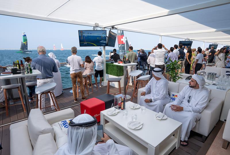 Spectators enjoy the Adrenaline Lounge - Season 4 - SailGP Dubai - December 2023 photo copyright Adam Warner/SailGP taken at Dubai Offshore Sailing Club and featuring the F50 class