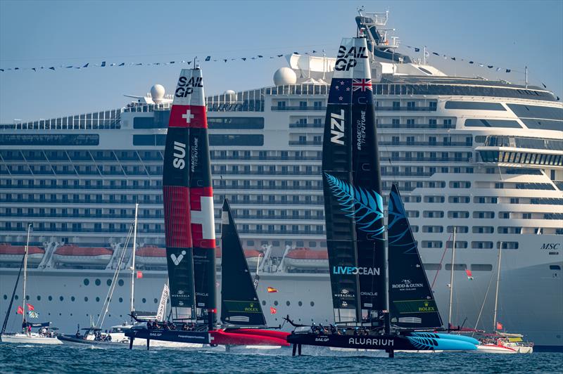 NZ SailGP leads the Swiss team - Season 4 - SailGP Dubai - December 2023 photo copyright Bob Martin/SailGP taken at Dubai Offshore Sailing Club and featuring the F50 class