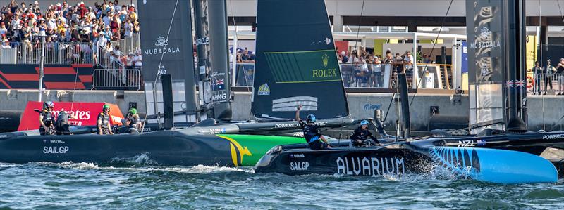 Blair Tuke, Co-CEO and wing trimmer of New Zealand SailGP Team, celebrates New Zealand SailGP Team victory in front of the Race Stadium on Race Day 2 of the Emirates Sail Grand Prix December 10, 2023 photo copyright Ricardo Pinto/SailGP taken at Dubai Offshore Sailing Club and featuring the F50 class