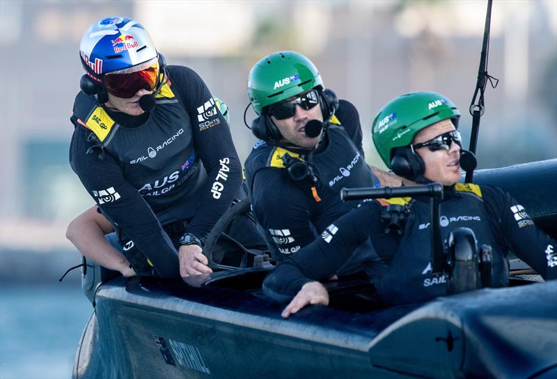 Jimmy Spithill, interim driver of Australia SailGP Team, in action at the wheel during a practice session ahead of the Emirates Sail Grand Prix presented by P&O Marinas in Dubai, United Arab Emirates photo copyright Ricardo Pinto for SailGP taken at  and featuring the F50 class