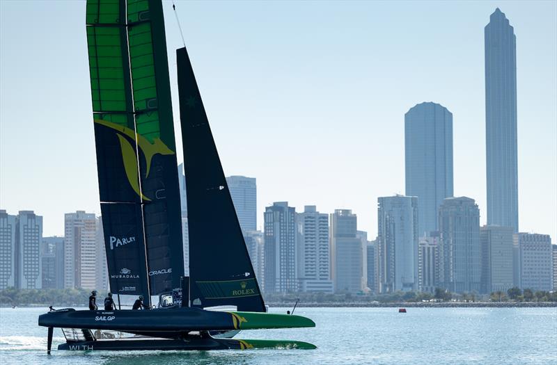 Australia SailGP Team helmed by Tom Slingsby sails past the Abu Dhabi skyline ahead of the Mubadala Abu Dhabi Sail Grand Prix presented by Abu Dhabi Sports Council photo copyright Felix Diemer for SailGP taken at  and featuring the F50 class