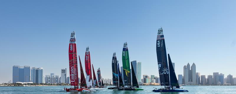 The SailGP F50 catamaran fleet sails past the Abu Dhabi skyline ahead of the Mubadala Abu Dhabi Sail Grand Prix presented by Abu Dhabi Sports Council - photo © Felix Diemer for SailGP