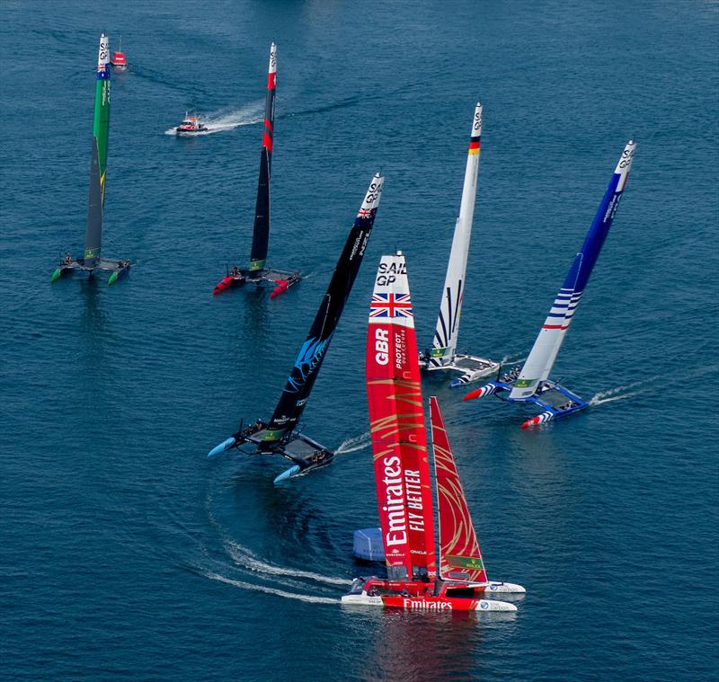 Emirates Great Britain SailGP Team helmed by Giles Scott leads New Zealand SailGP Team helmed by Peter Burling and France SailGP Team helmed by Quentin Delapierre ahead of the Mubadala Abu Dhabi Sail Grand Prix presented by Abu Dhabi Sports Council - photo © Ricardo Pinto for SailGP