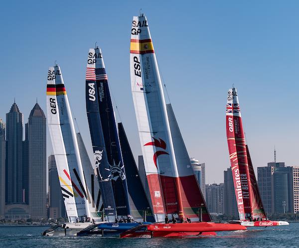 Germany SailGP Team, USA SailGP Team, Spain SailGP Team sail behind the Emirates Great Britain SailGP Team during a practice session ahead of the Mubadala Abu Dhabi Sail Grand Prix presented by Abu Dhabi Sports Council - photo © Ricardo Pinto for SailGP