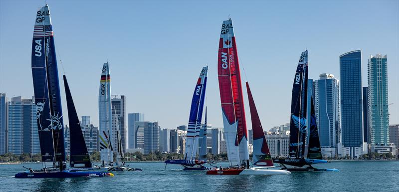 The SailGP F50 catamaran fleet sails past the Abu Dhabi skyline ahead of the Mubadala Abu Dhabi Sail Grand Prix presented by Abu Dhabi Sports Council - photo © Felix Diemer for SailGP