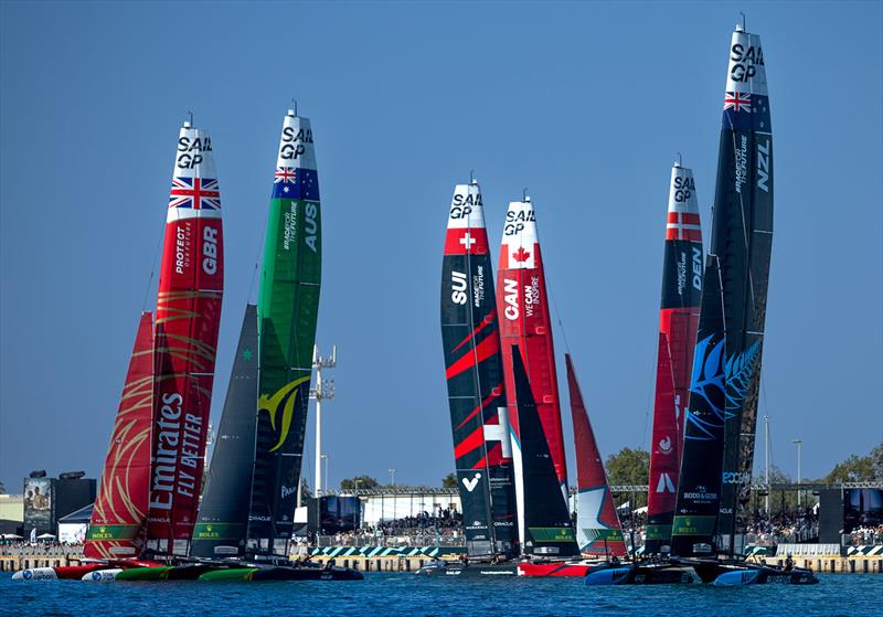 The SailGP fleet of F50 catamarans in action on Race Day 1 of the Mubadala Abu Dhabi Sail Grand Prix presented by Abu Dhabi Sports Council in Abu Dhabi, United Arab Emirates. 13th January - photo © Simon Bruty