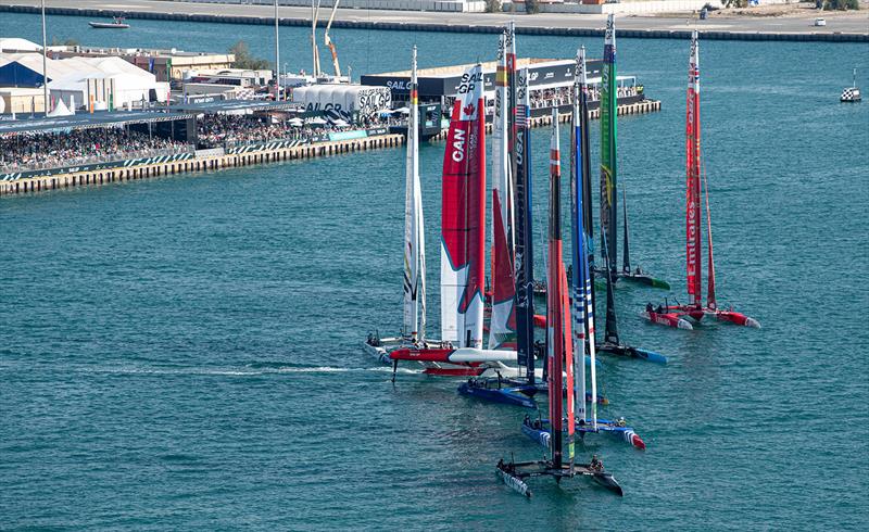 The SailGP sail towards the start line on Race Day 1 of the Mubadala Abu Dhabi Sail Grand Prix presented by Abu Dhabi Sports Council in Abu Dhabi, United Arab Emirates. 13th January photo copyright Ricardo Pinto taken at Abu Dhabi Sailing & Yacht Club and featuring the F50 class