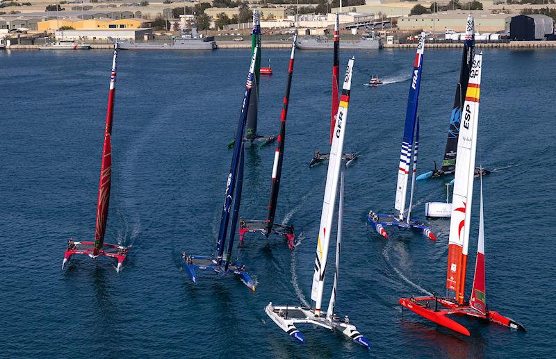 Spain SailGP Team leads Germany SailGP Team and USA SailGP Team on Race Day 2 of the Mubadala Abu Dhabi Sail Grand Prix presented by Abu Dhabi Sports Council - photo © Simon Bruty for SailGP