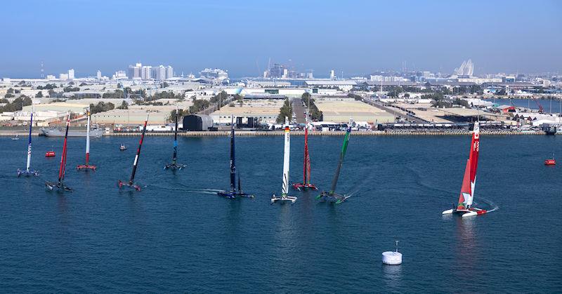 The SailGP F50 catamaran fleet start the first race on Race Day 2 of the Mubadala Abu Dhabi Sail Grand Prix presented by Abu Dhabi Sports Council - photo © Simon Bruty for SailGP