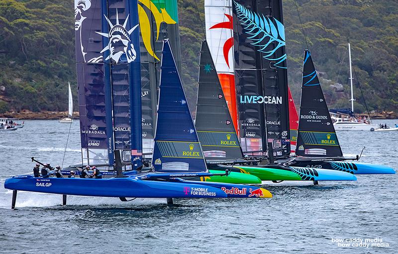 Four-wide on the way to the first mark, in Race 1 - SailGP Sydney 2024 - photo © Crosbie Lorimer