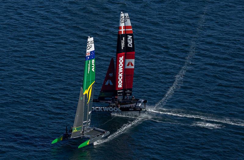 Australia SailGP Team helmed by Tom Slingsby and ROCKWOOL Denmark SailGP Team helmed by Nicolai Sehested in action on Race Day 2 of the KPMG Australia Sail Grand Prix in Sydney, Australia photo copyright Simon Bruty for SailGP taken at  and featuring the F50 class