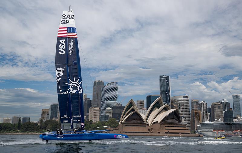 The USA SailGP Team F50 catamaran is towed past Sydney Opera House during a practice session ahead of the KPMG Australia Sail Grand Prix in Sydney, Australia photo copyright Ricardo Pinto for SailGP taken at  and featuring the F50 class