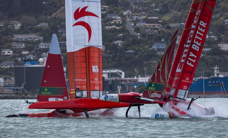 Emirates Great Britain SailGP Team helmed by Giles Scott and Spain SailGP Team helmed by Diego Botin collide during a practice session ahead of the ITM New Zealand Sail Grand Prix in Christchurch, New Zealand photo copyright Felix Diemer for SailGP taken at  and featuring the F50 class